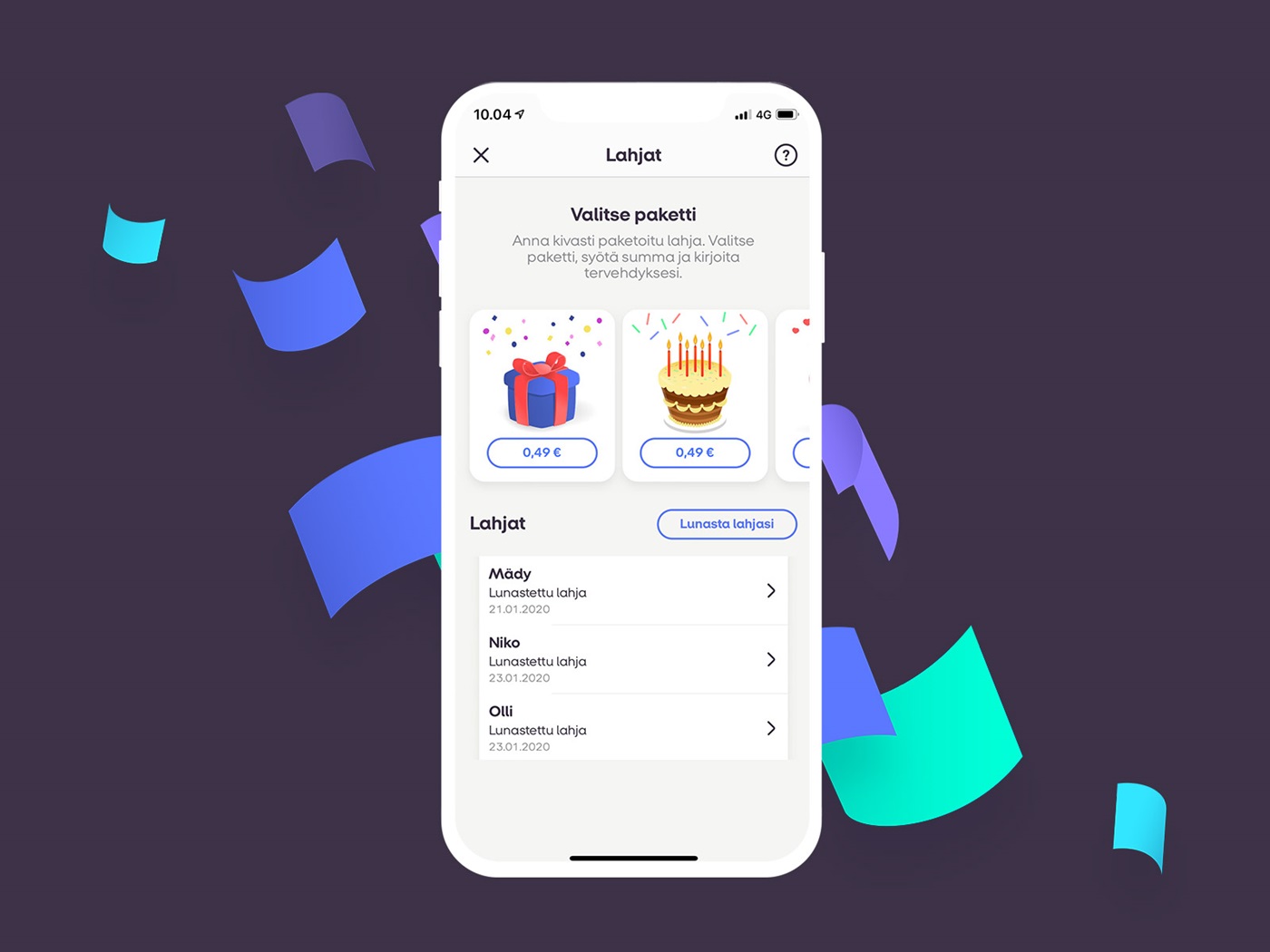 MobilePay Lahjat näkymä MobilePay sovelluksessa