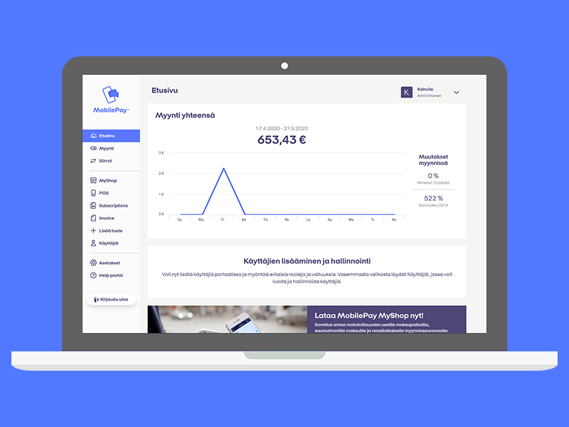 MobilePay-portaalin etusivu kirjautumisen jälkeen