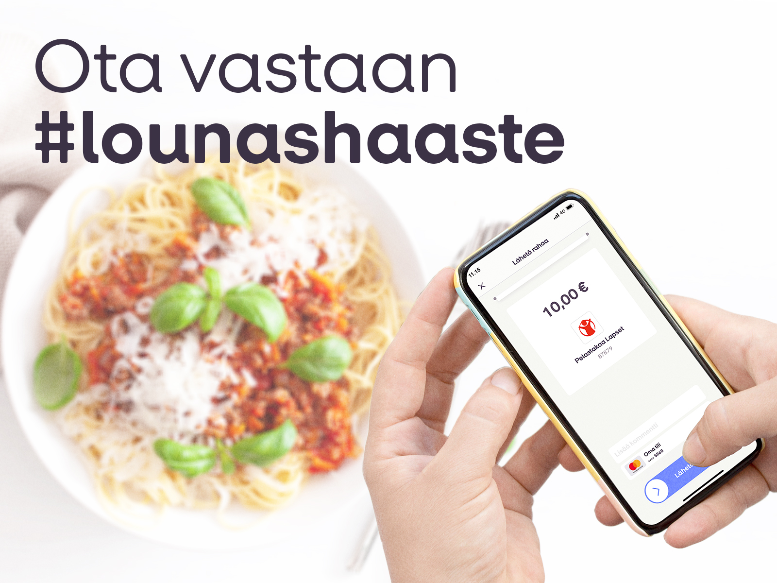 Ihminen puhelin kädessä pizzan ääressä tekemässä lahjoitusta MobilePaylla